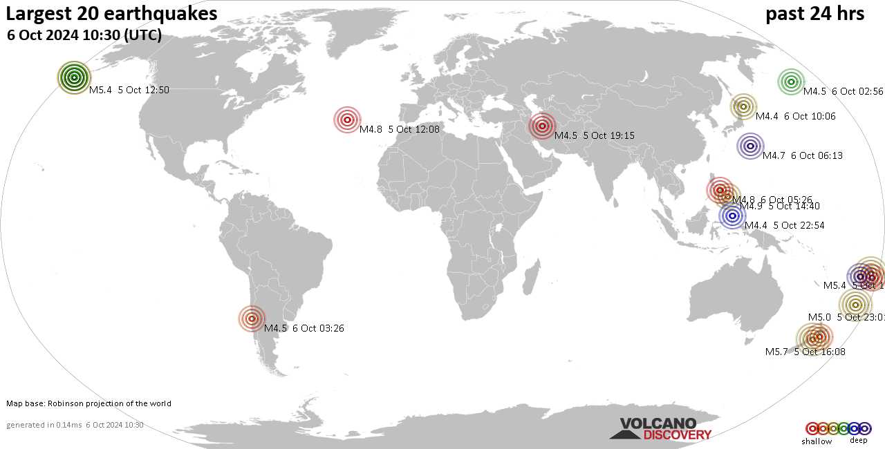 На карте сильные землетрясения за последние 24 часа, 6 октября 2024 года