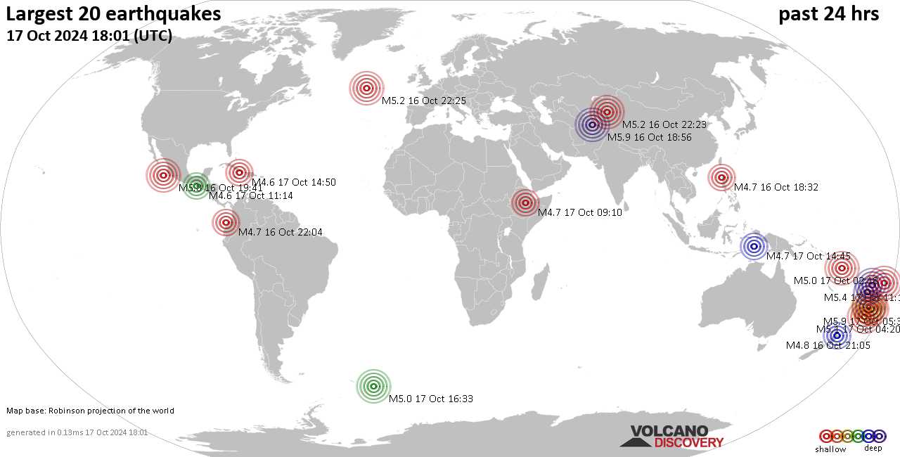 На карте сильные землетрясения за последние 24 часа, 17 октября 2024 года