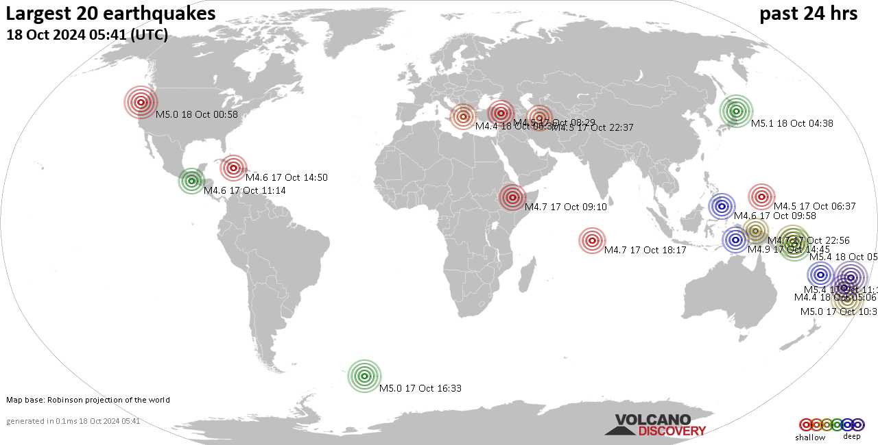 На карте сильные землетрясения за последние 24 часа, 18 октября 2024 года