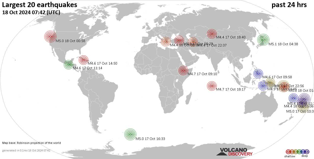 На карте сильные землетрясения за последние 24 часа, 18 октября 2024 года