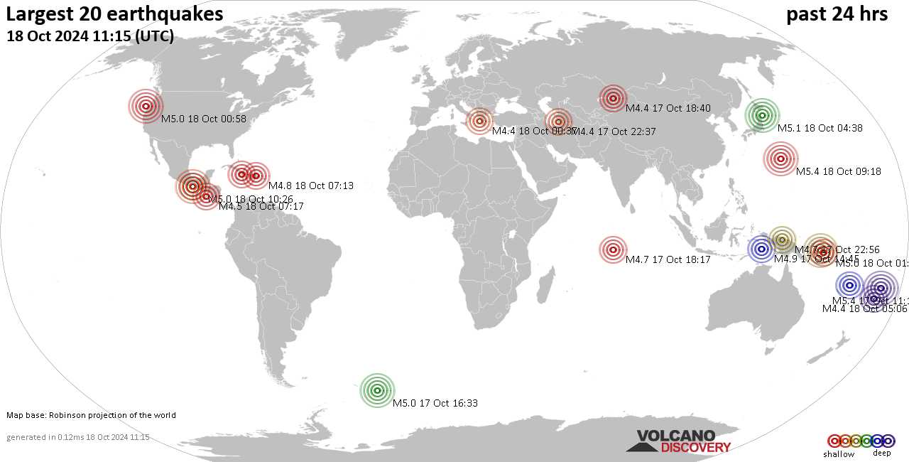 На карте сильные землетрясения за последние 24 часа, 18 октября 2024 года