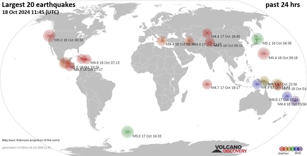 На карте сильные землетрясения за последние 24 часа, 18 октября 2024 года