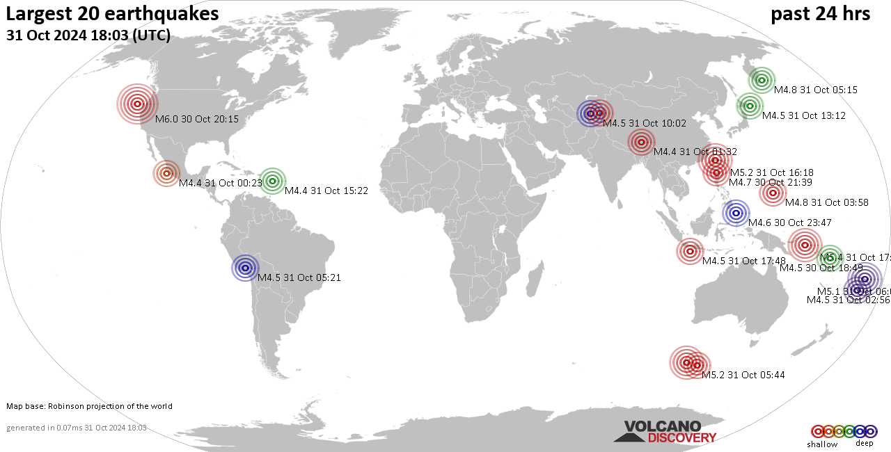 На карте сильные землетрясения за последние 24 часа, 31 октября 2024 года