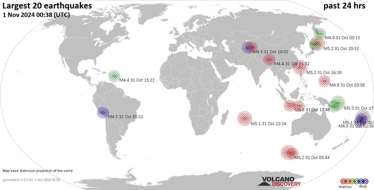 На карте сильные землетрясения за последние 24 часа, 1 ноября 2024 года