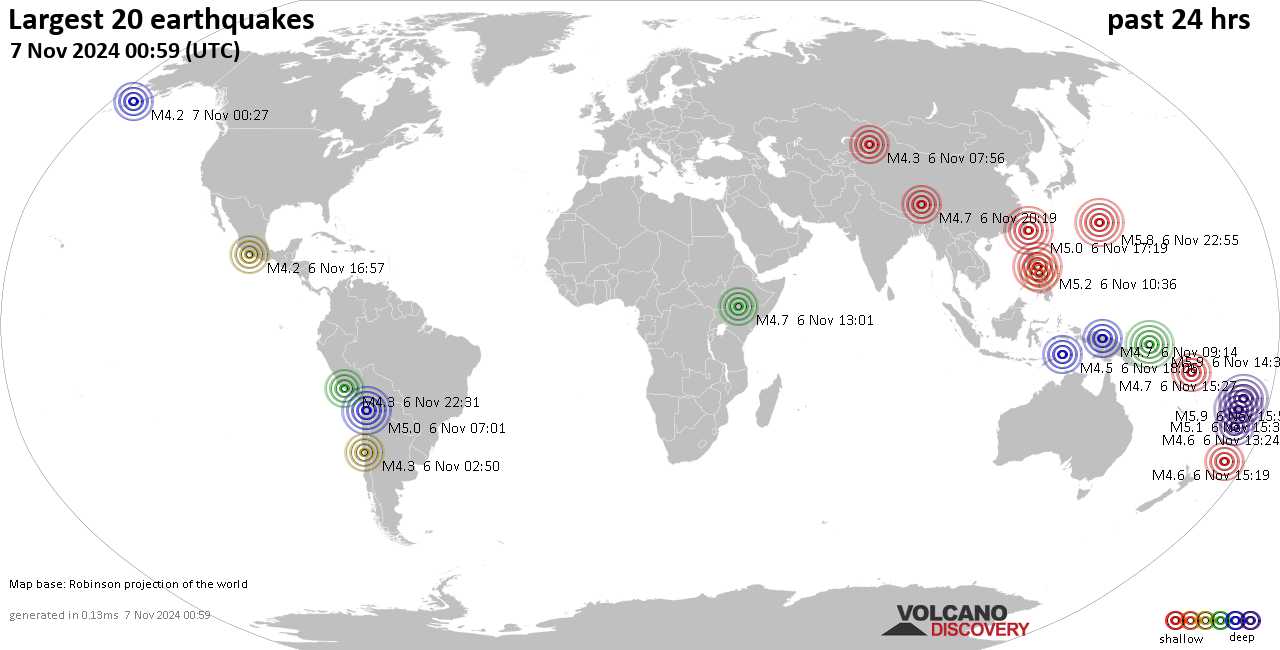 На карте сильные землетрясения за последние 24 часа, 7 ноября 2024 года