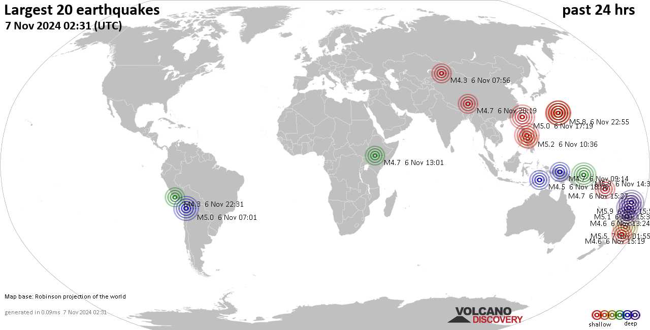 На карте сильные землетрясения за последние 24 часа, 7 ноября 2024 года