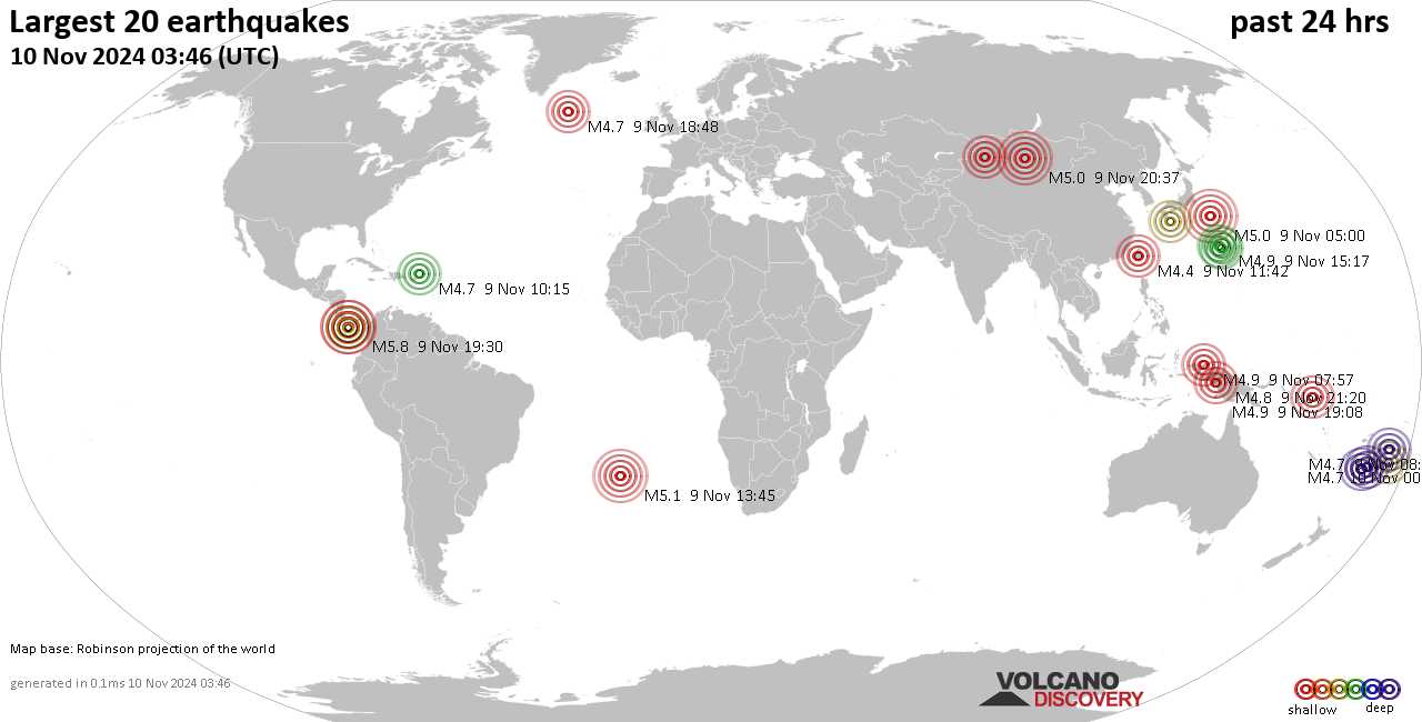 На карте сильные землетрясения за последние 24 часа, 10 ноября 2024 года
