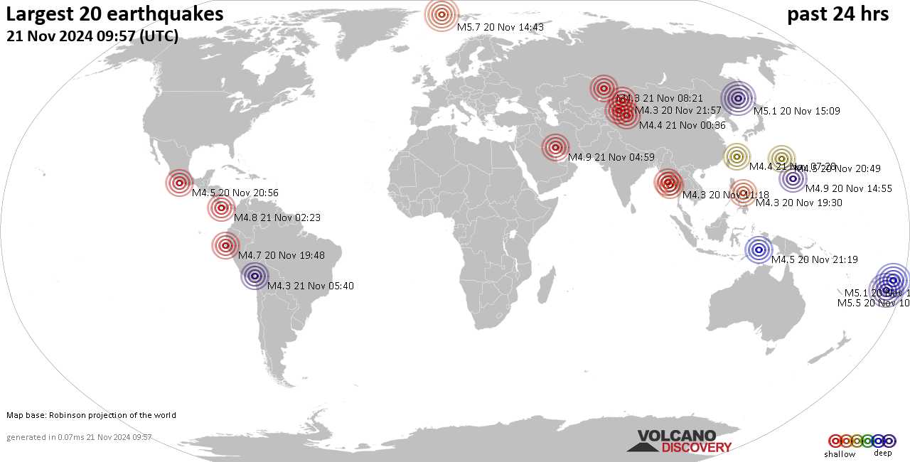 На карте сильные землетрясения за последние 24 часа, 21 ноября 2024 года