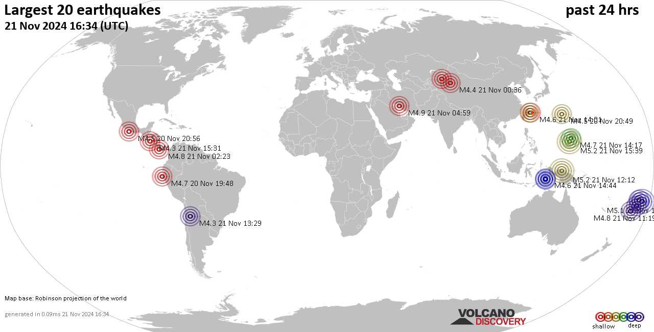 На карте сильные землетрясения за последние 24 часа, 21 ноября 2024 года