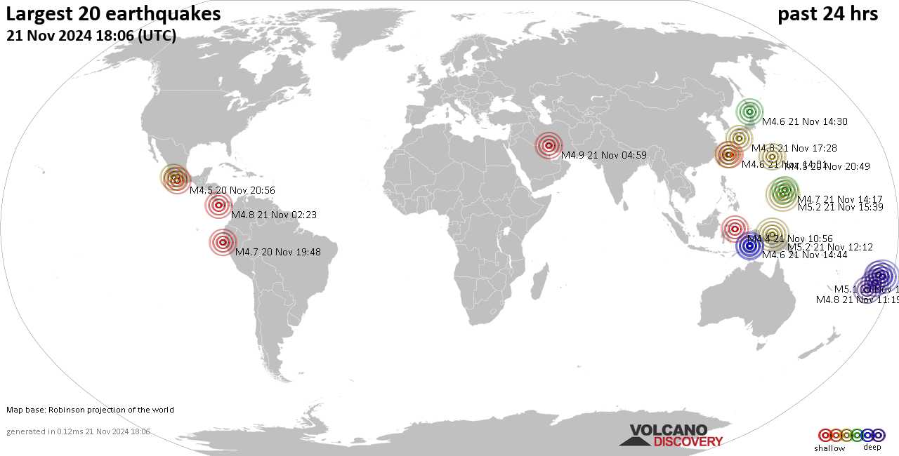 На карте сильные землетрясения за последние 24 часа, 21 ноября 2024 года