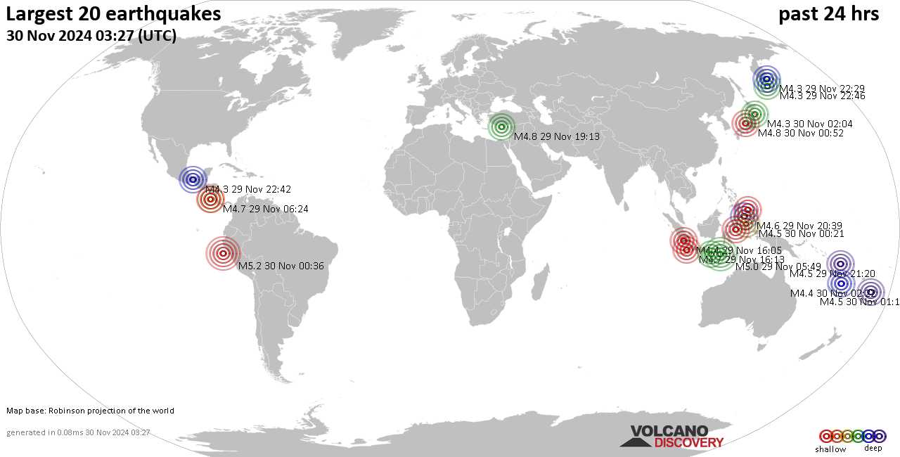 На карте сильные землетрясения за последние 24 часа, 28 ноября 2024 года