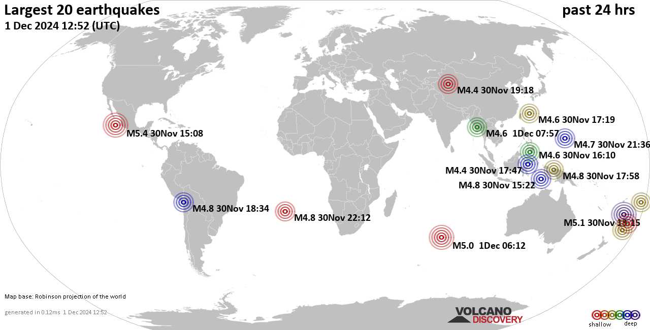 На карте сильные землетрясения за последние 24 часа, 1 декабря 2024 года