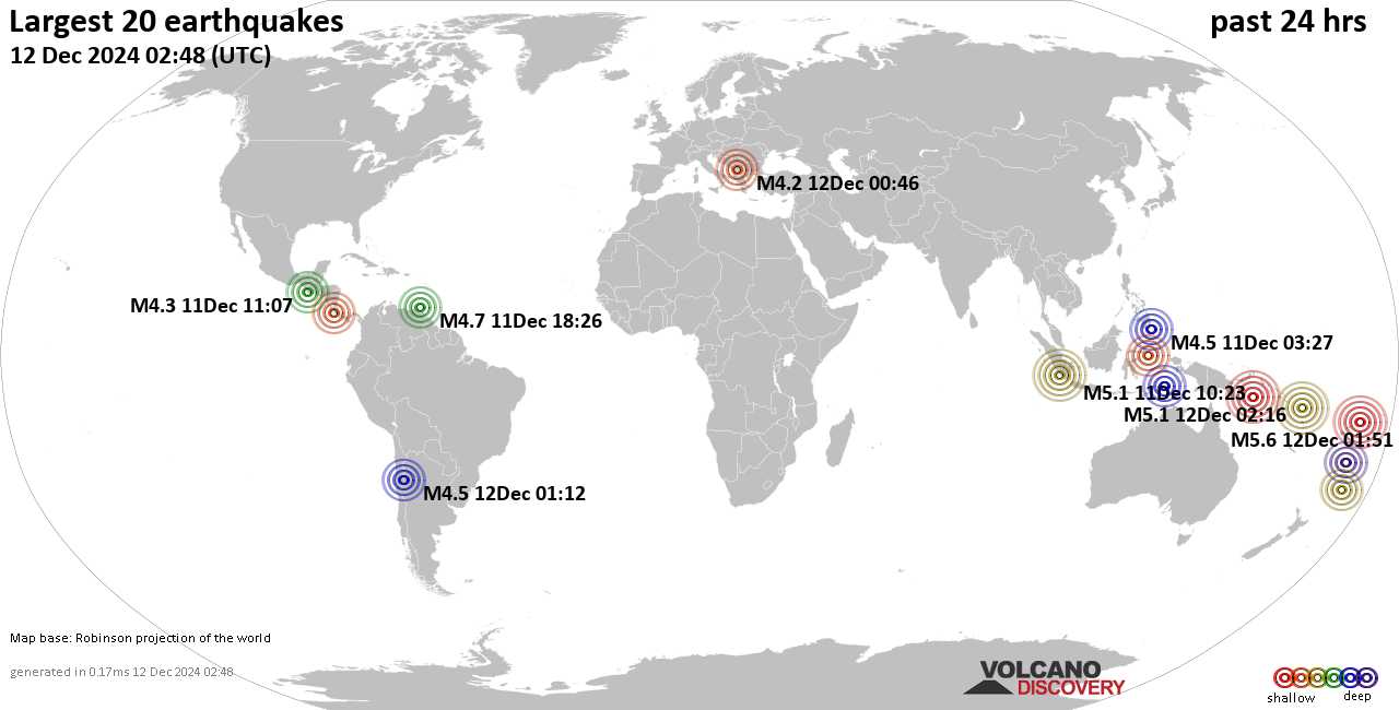 На карте сильные землетрясения за последние 24 часа, 12 декабря 2024 года