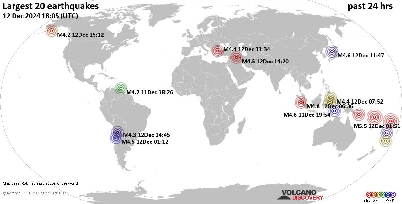 На карте сильные землетрясения за последние 24 часа, 12 декабря 2024 года