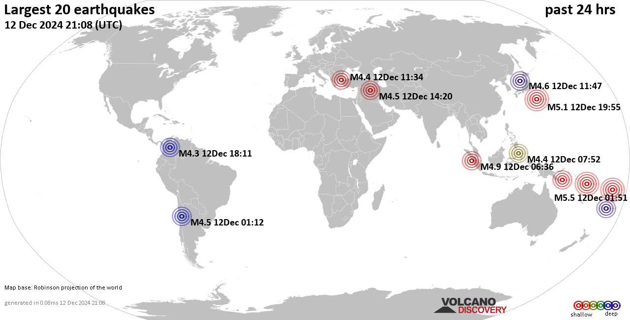 На карте сильные землетрясения за последние 24 часа, 12 декабря 2024 года