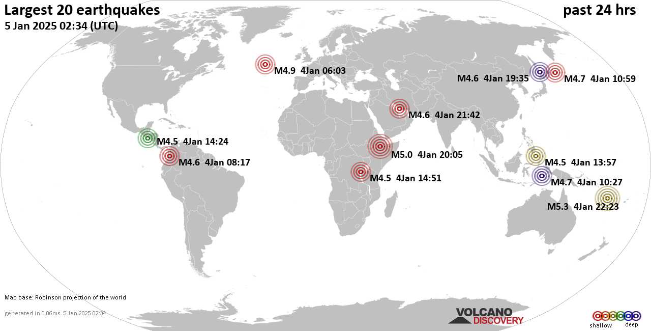 На карте сильные землетрясения за последние 24 часа, 13 декабря 2024 года