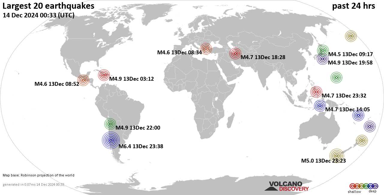На карте сильные землетрясения за последние 24 часа, 14 декабря 2024 года