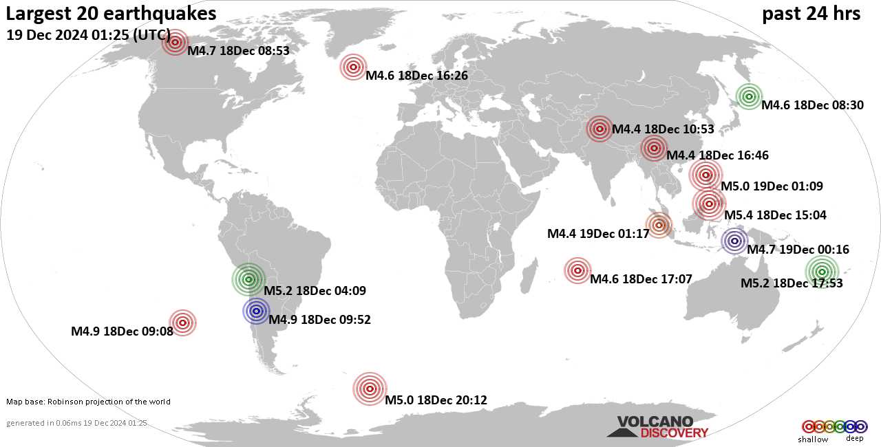 На карте сильные землетрясения за последние 24 часа, 19 декабря 2024 года