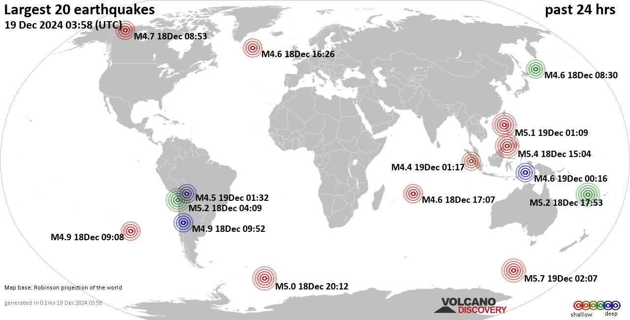 На карте сильные землетрясения за последние 24 часа, 19 декабря 2024 года