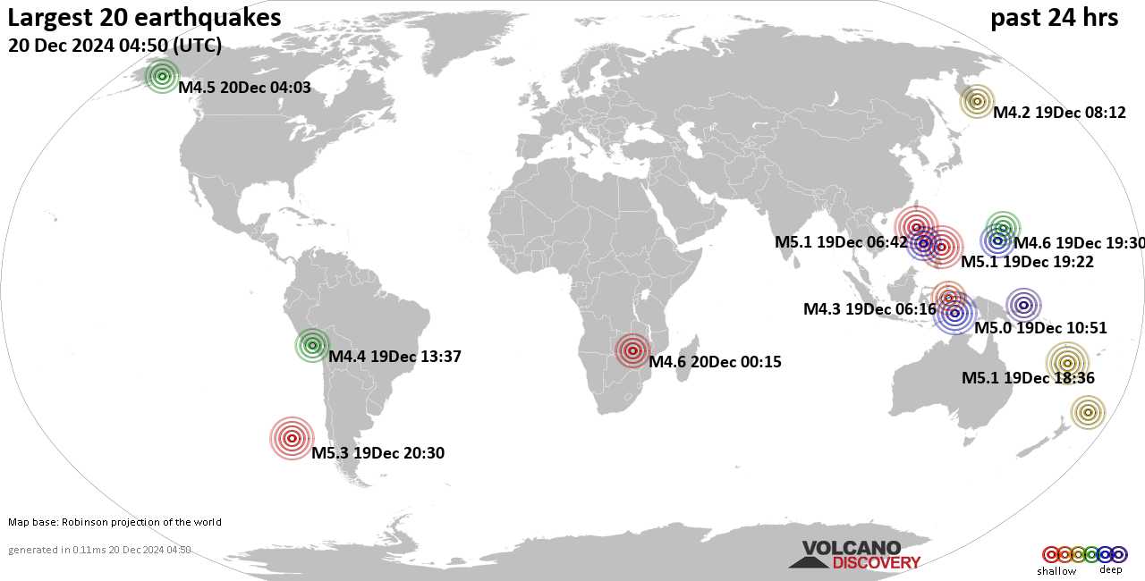 На карте сильные землетрясения за последние 24 часа, 20 декабря 2024 года