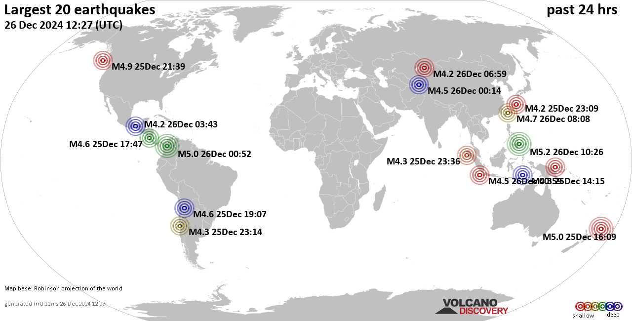 На карте сильные землетрясения за последние 24 часа, 26 декабря 2024 года