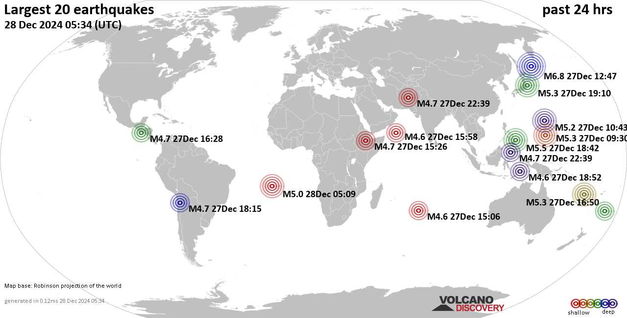 На карте сильные землетрясения за последние 24 часа, 27 декабря 2024 года