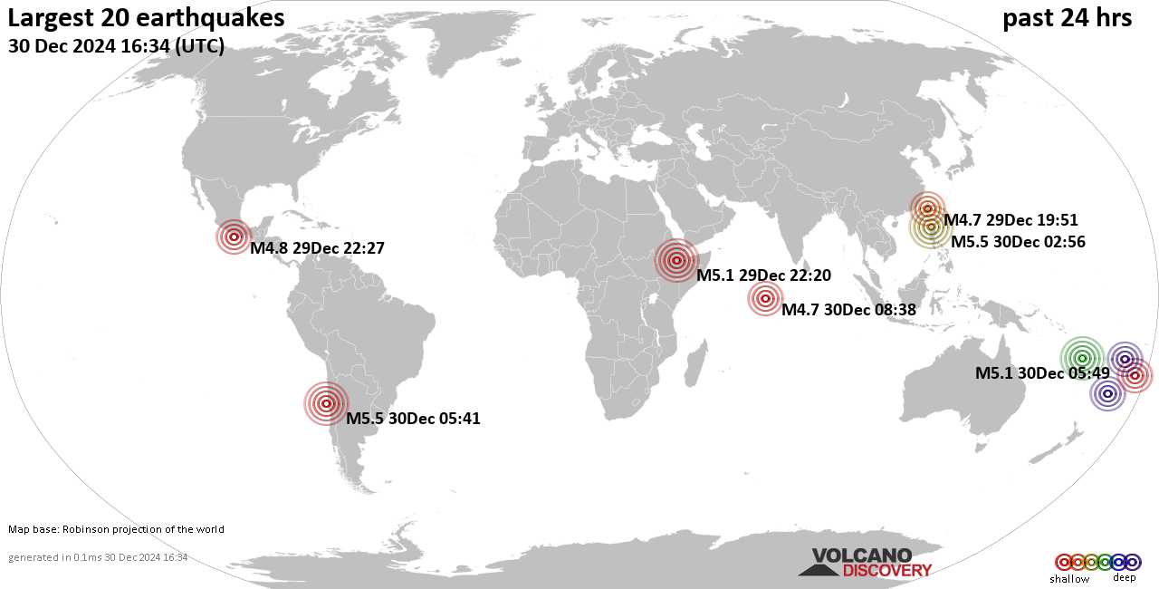 На карте сильные землетрясения за последние 24 часа, 30 декабря 2024 года