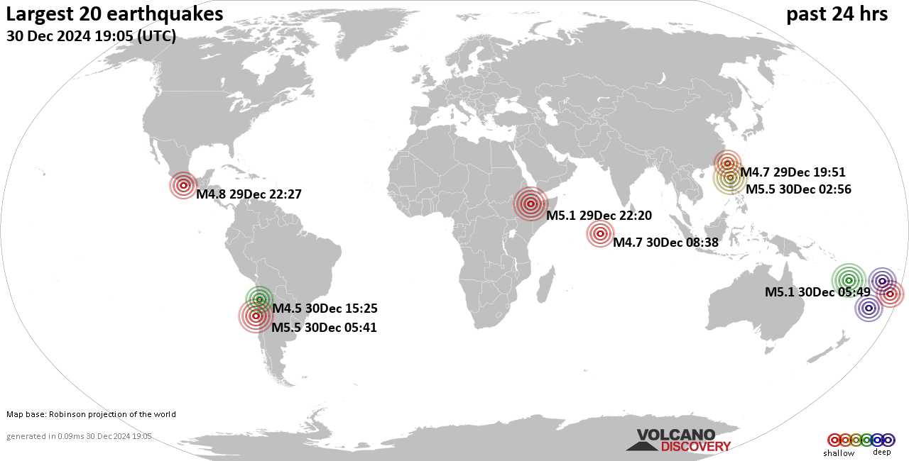 На карте сильные землетрясения за последние 24 часа, 30 декабря 2024 года