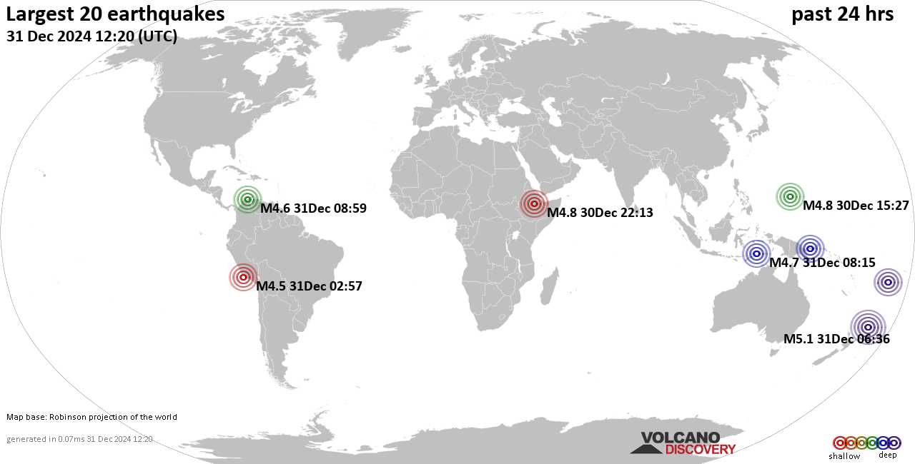 На карте сильные землетрясения за последние 24 часа, 31 декабря 2024 года