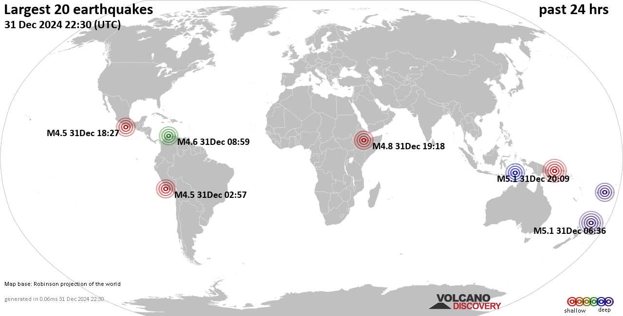 На карте сильные землетрясения за последние 24 часа, 31 декабря 2024 года