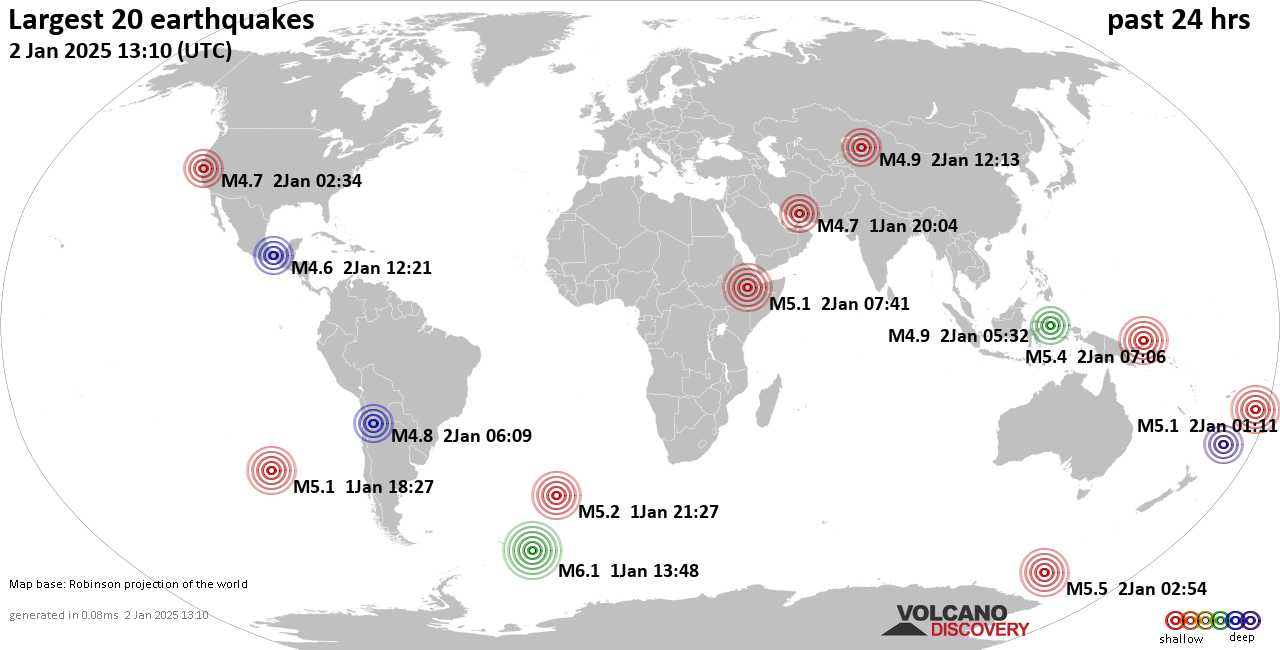 На карте сильные землетрясения за последние 24 часа, 2 января 2025 года
