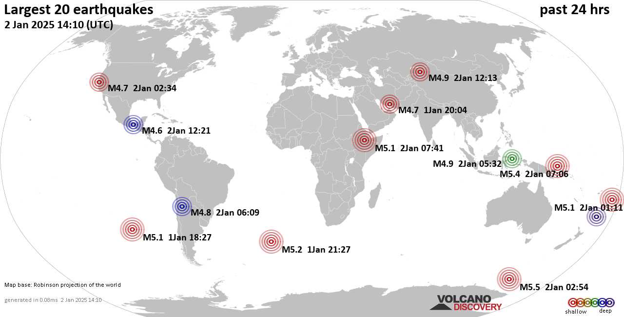 На карте сильные землетрясения за последние 24 часа, 2 января 2025 года