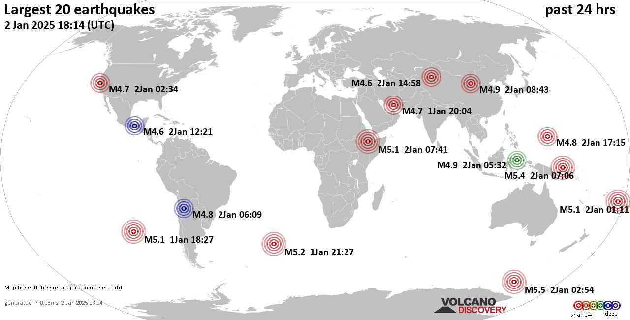 На карте сильные землетрясения за последние 24 часа, 2 января 2025 года