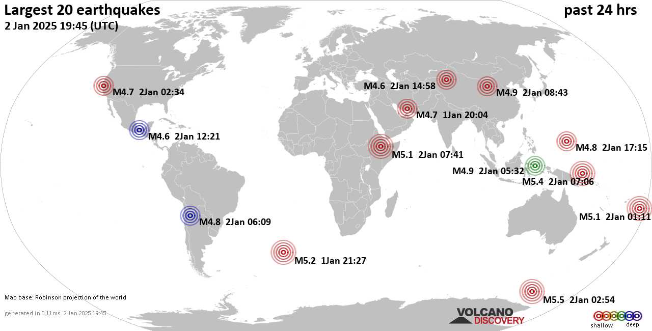 На карте сильные землетрясения за последние 24 часа, 2 января 2025 года