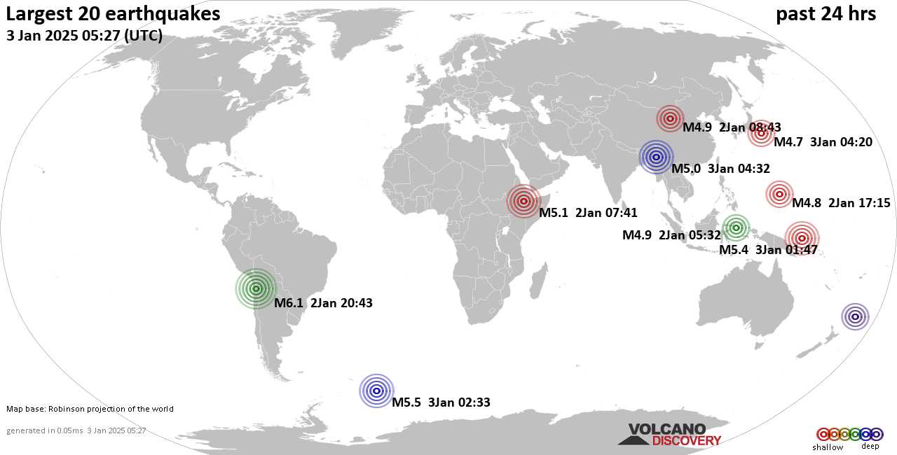 На карте сильные землетрясения за последние 24 часа, 3 января 2025 года
