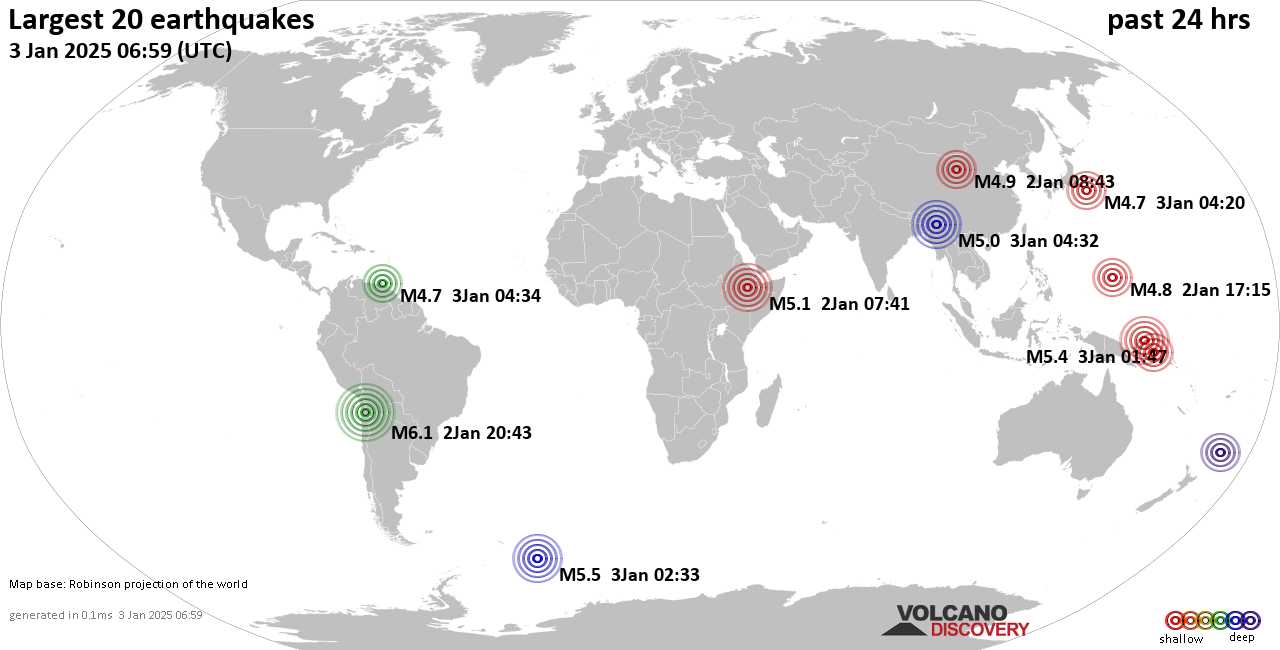На карте сильные землетрясения за последние 24 часа, 3 января 2025 года