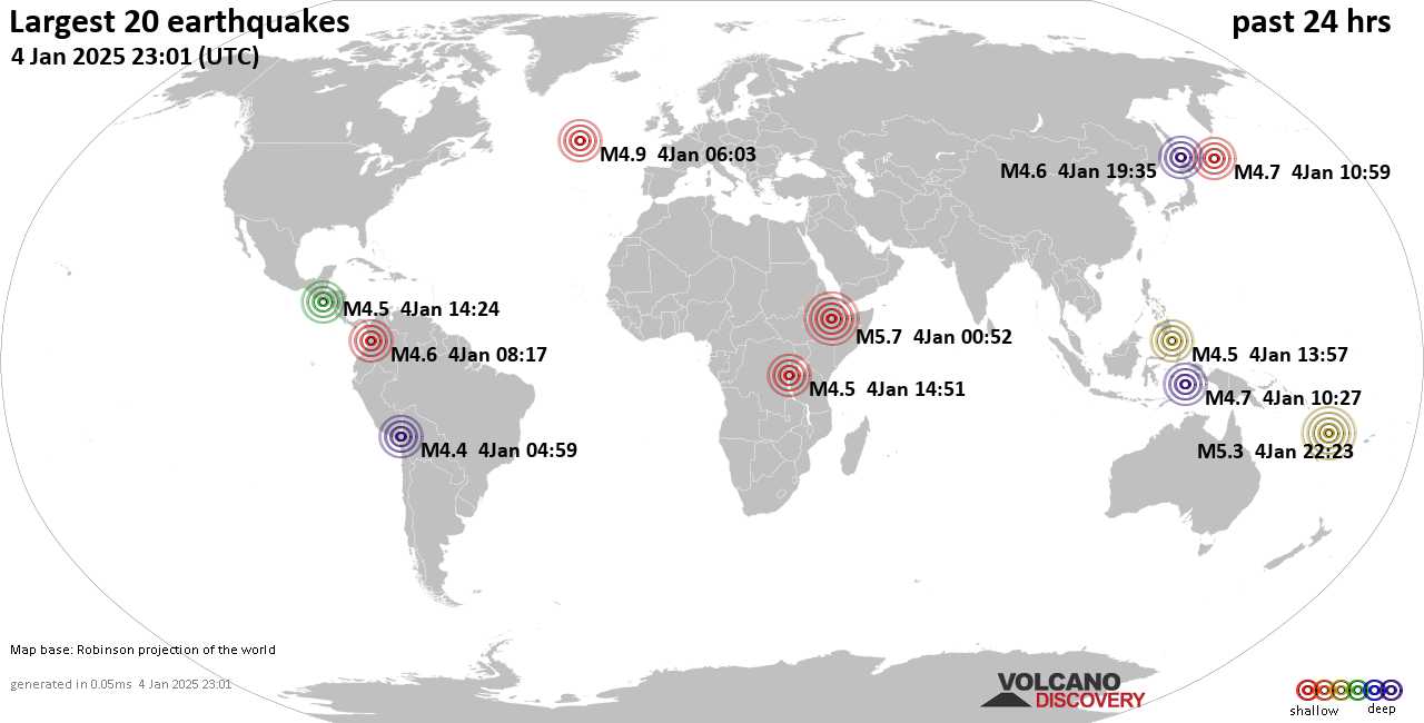 На карте сильные землетрясения за последние 24 часа, 4 января 2025 года