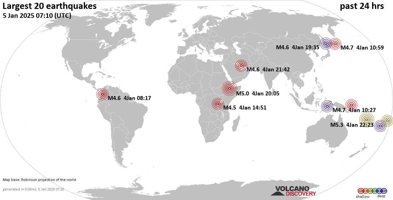 На карте сильные землетрясения за последние 24 часа, 5 января 2025 года