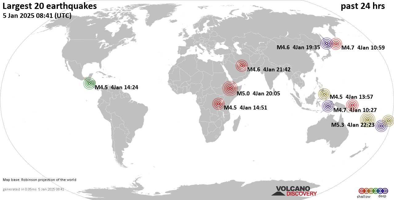 На карте сильные землетрясения за последние 24 часа, 5 января 2025 года