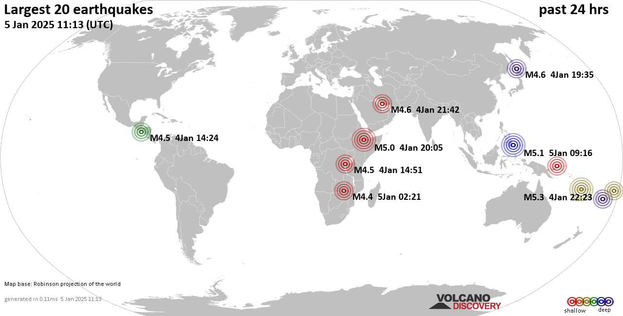 На карте сильные землетрясения за последние 24 часа, 5 января 2025 года