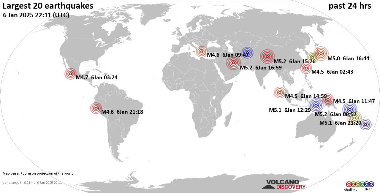 На карте сильные землетрясения за последние 24 часа, 6 января 2025 года