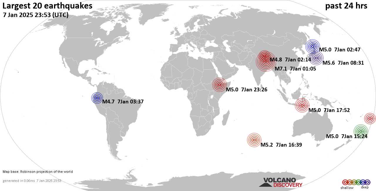 На карте сильные землетрясения за последние 24 часа, 8 января 2025 года