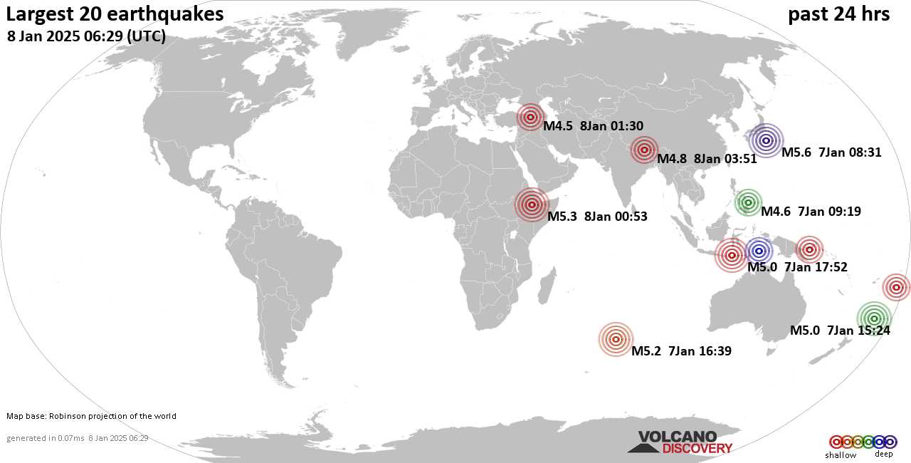 На карте сильные землетрясения за последние 24 часа, 8 января 2025 года