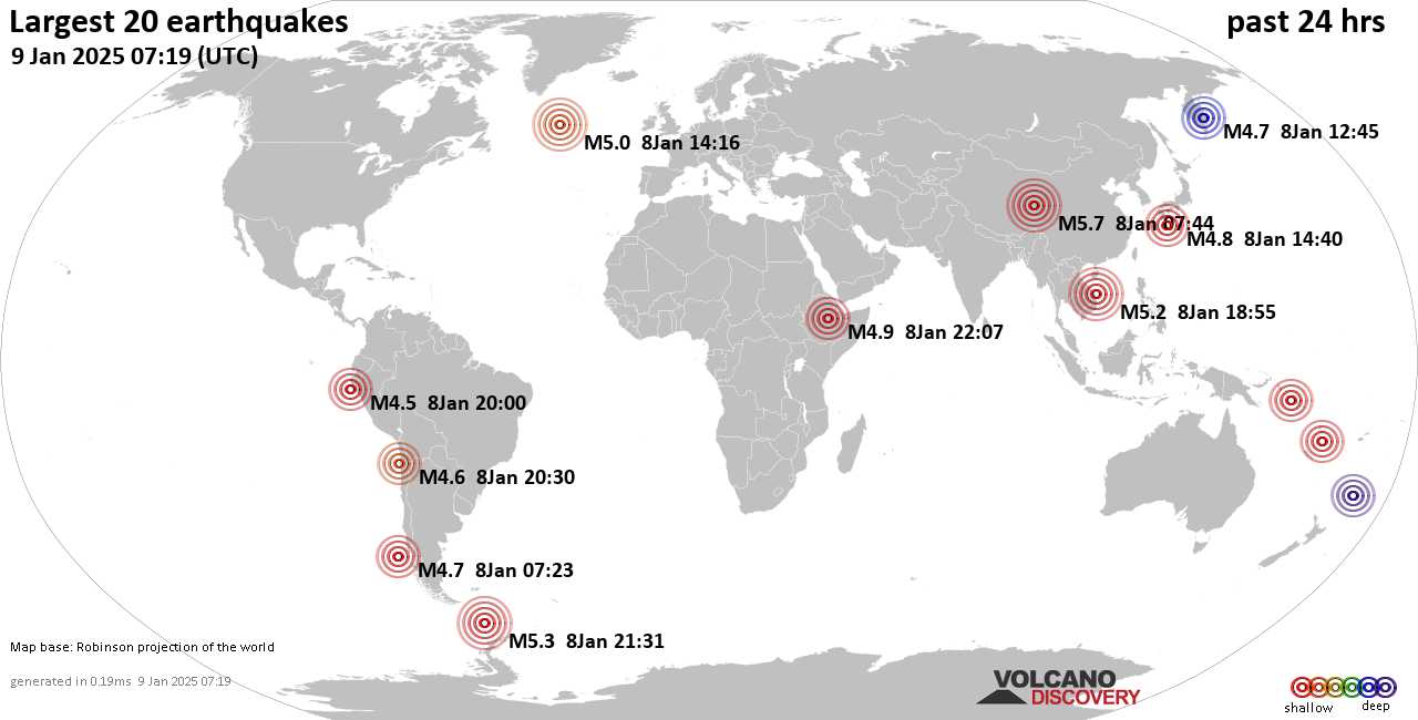 На карте сильные землетрясения за последние 24 часа, 8 января 2025 года