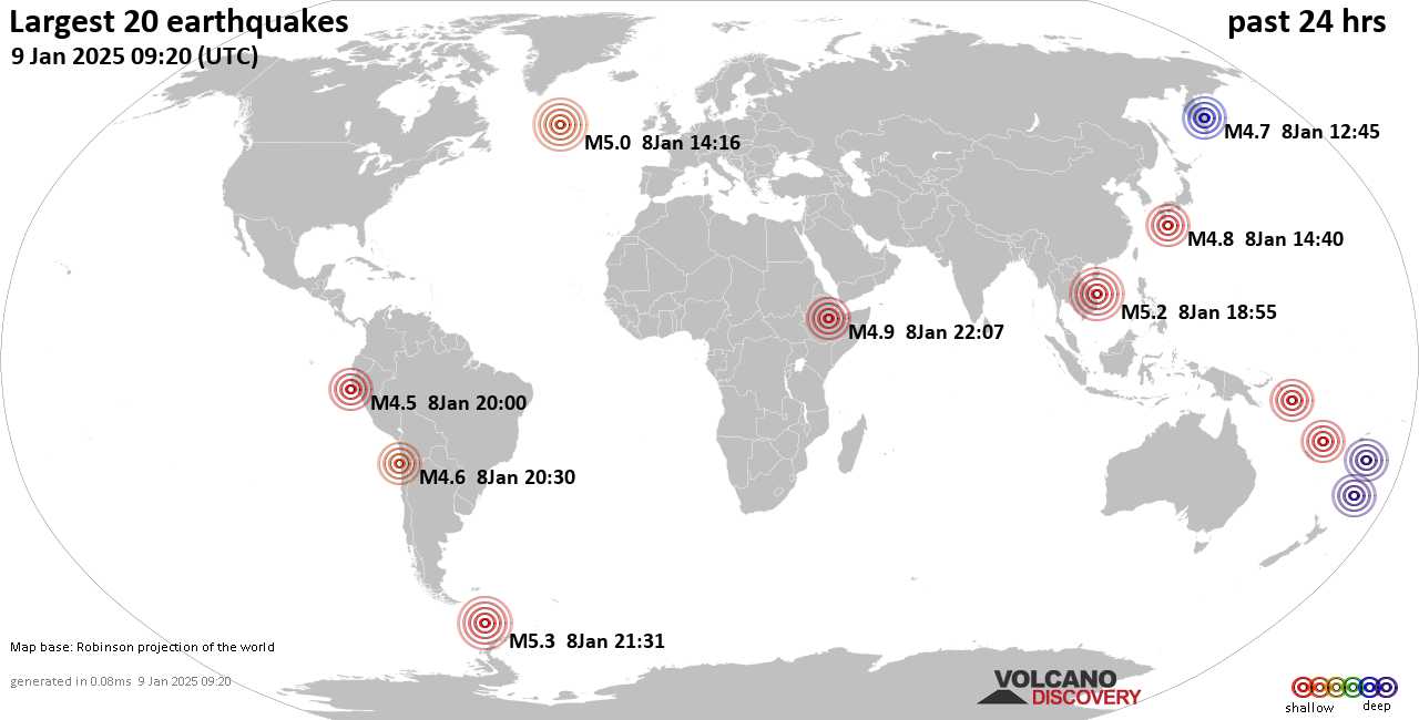 На карте сильные землетрясения за последние 24 часа, 8 января 2025 года