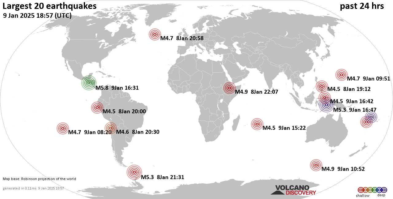 На карте сильные землетрясения за последние 24 часа, 9 января 2025 года