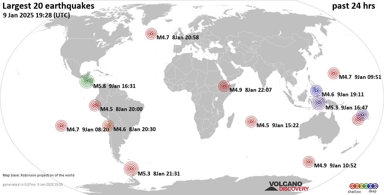 На карте сильные землетрясения за последние 24 часа, 9 января 2025 года