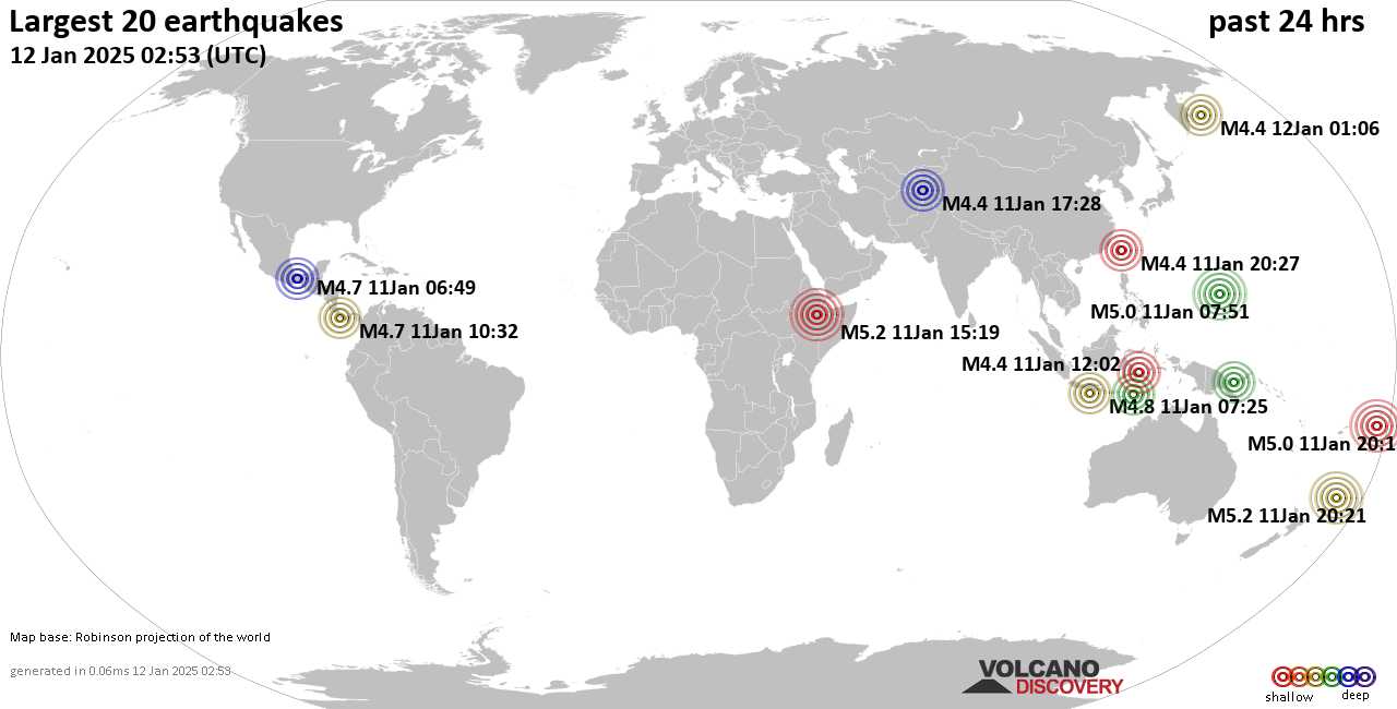 На карте сильные землетрясения за последние 24 часа, 12 января 2025 года