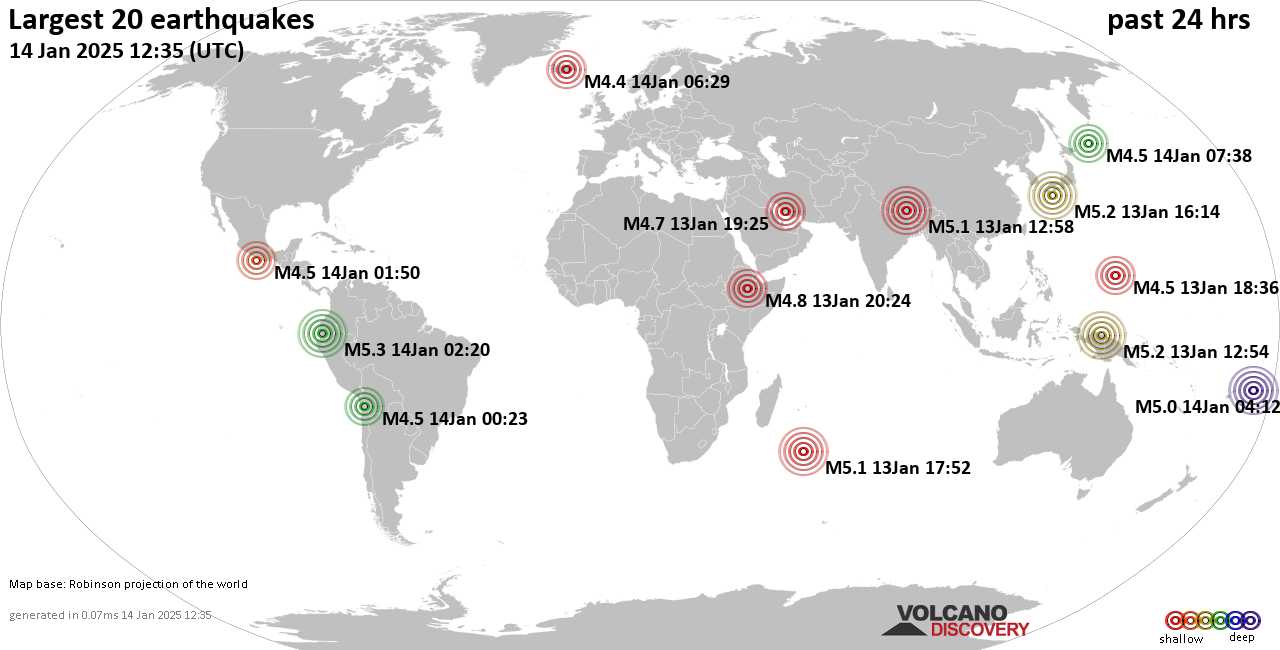 На карте сильные землетрясения за последние 24 часа, 14 января 2025 года