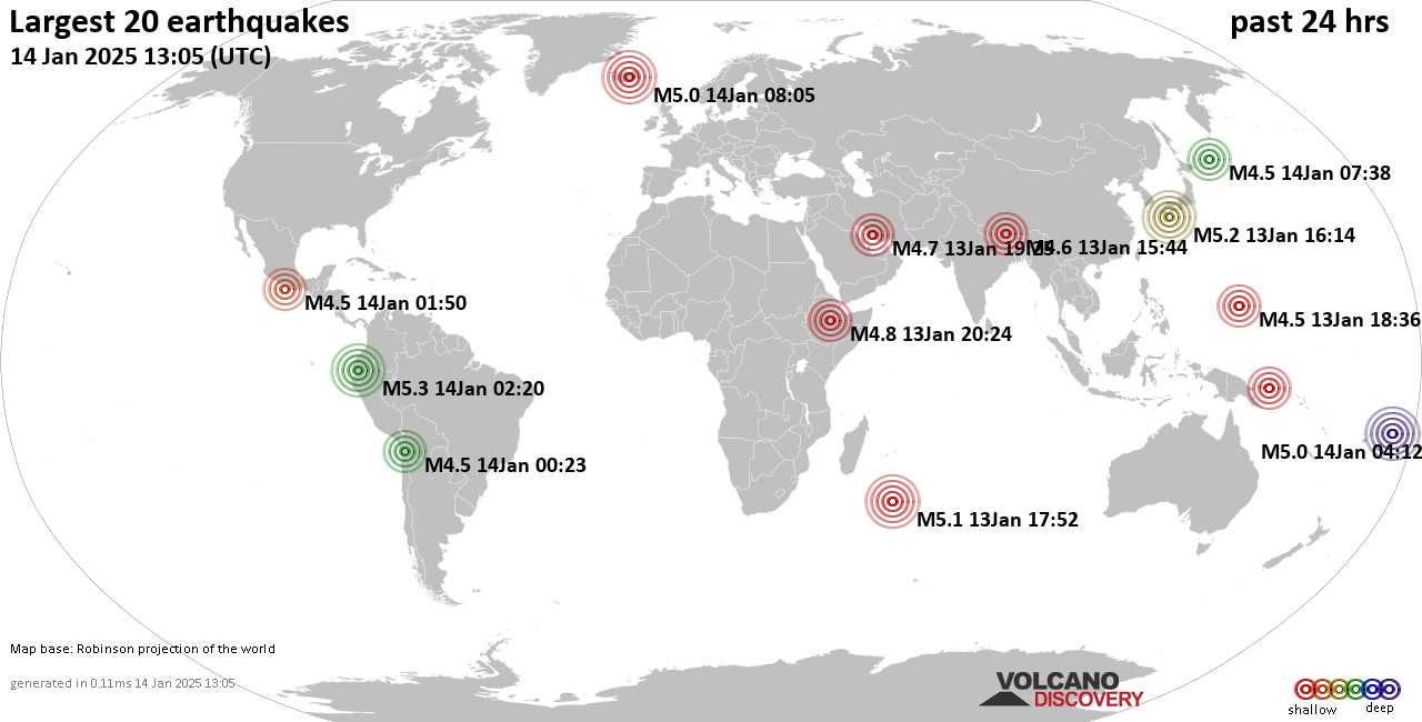 На карте сильные землетрясения за последние 24 часа, 14 января 2025 года